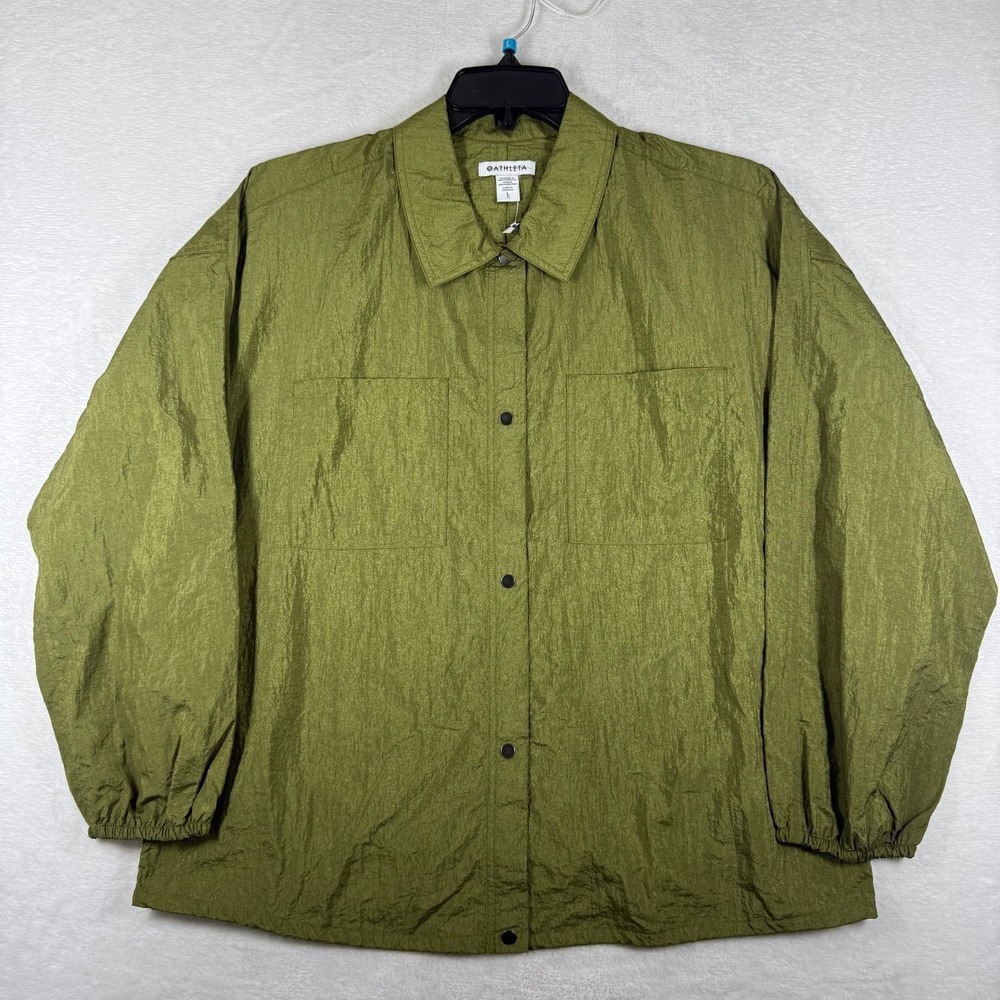 Athleta Crinkle Nylon Snap Front Oversized Shirt Jacket Olive Green L